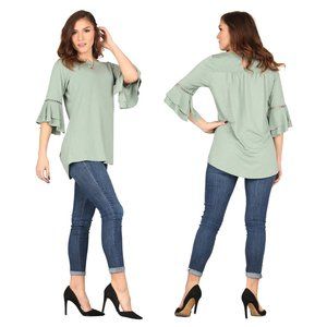 Lildy Womans S-M Sage Green Crochet Accent 3/4 Bell Sleeve Tunic Blouse
